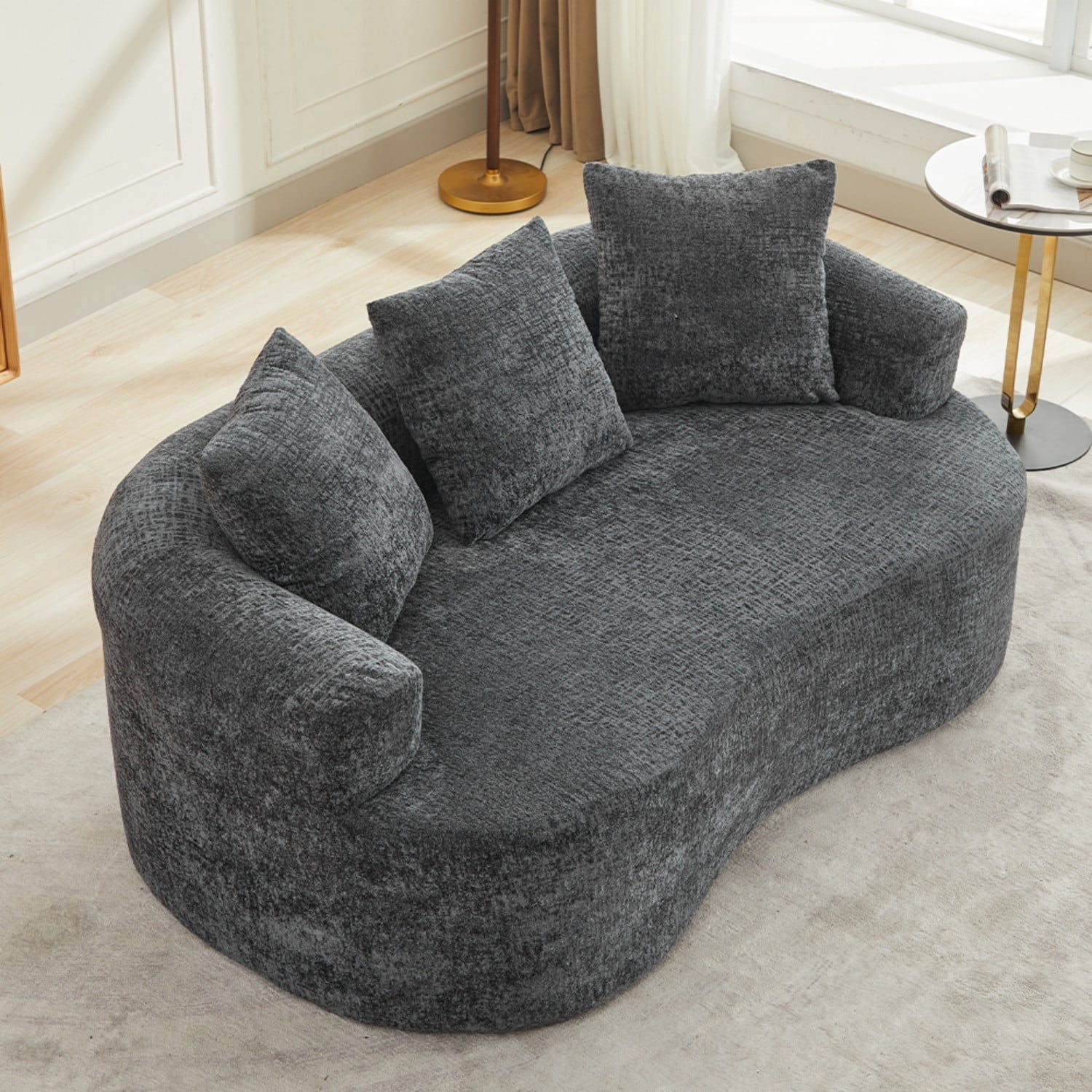 Curved Loveseat Sofa Chenille Upholstered Deep Seat 2 Seater Couch with 3 Pillows No Assembly Required for Apartment Living Room Bedroom, Grey