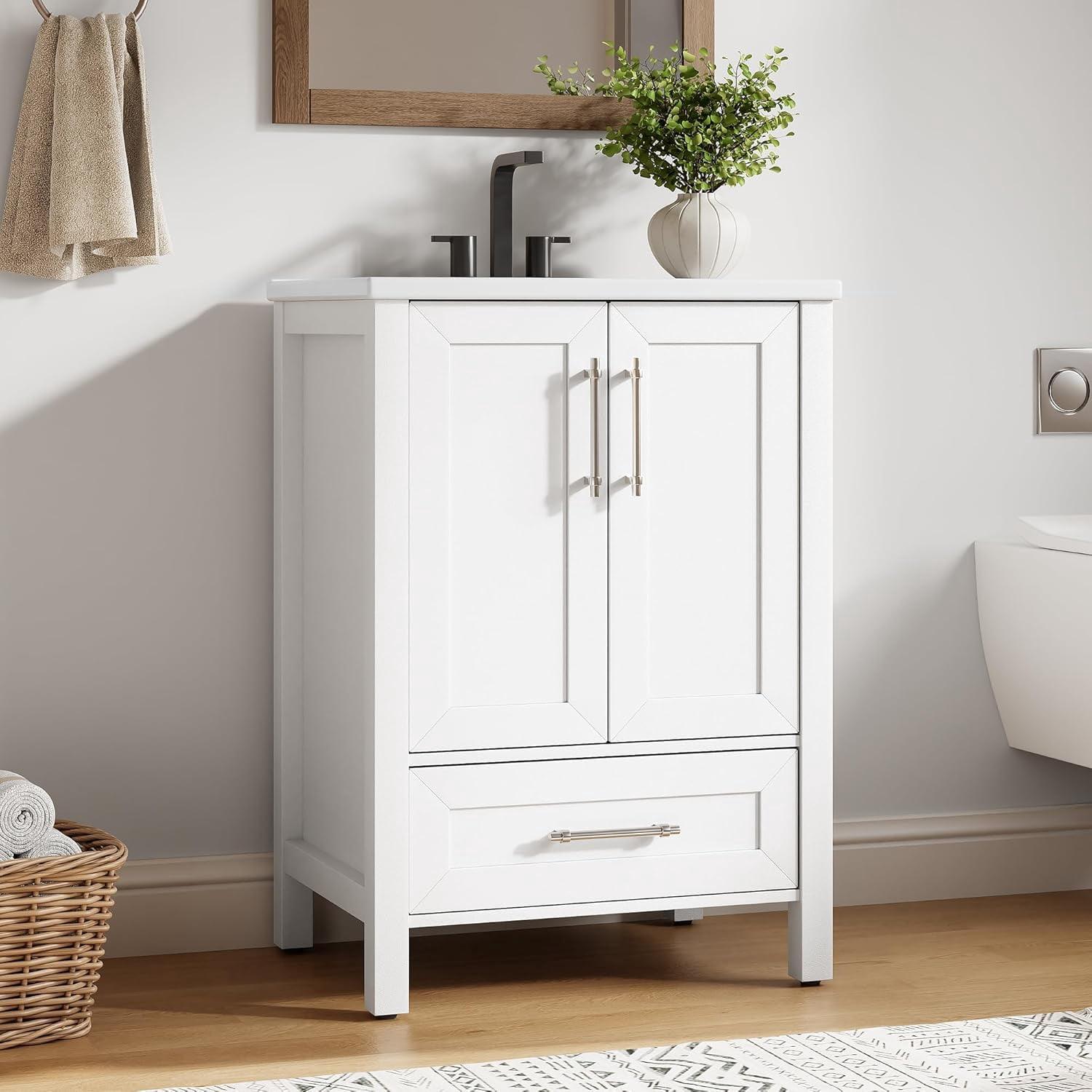 24" Bathroom Vanity with Sink, Vintage Bathroom Cabinet Vanity with Doors & Drawers, Farmhouse Wooden Freestanding Bathroom Cabinet with Top