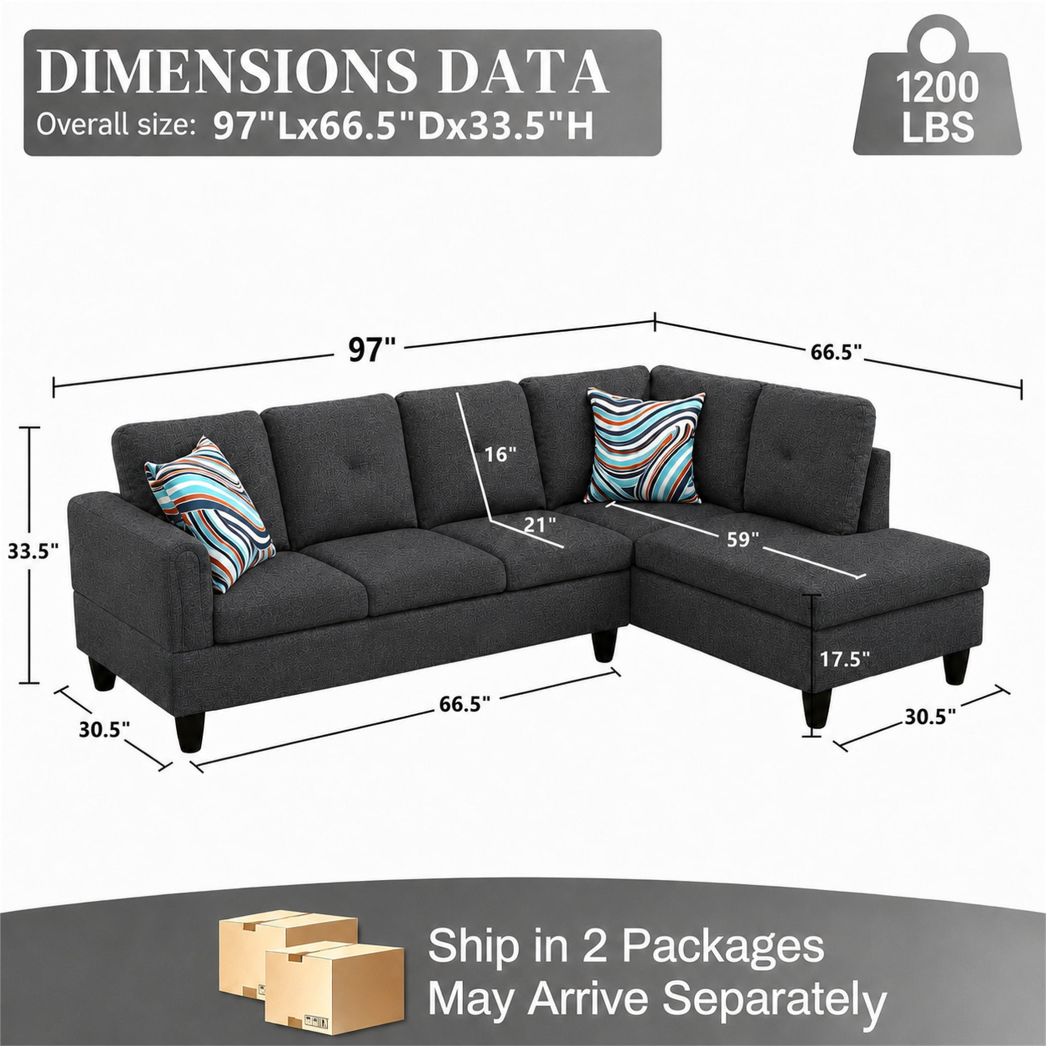 Aukfa 97" Classic Sectional Sofa 4 Seat L shape Couch with Oversized Right Chaise for Living Room, 2Pillows, Linen, Black Gray