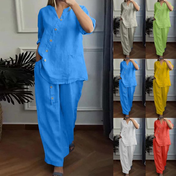 Hueook 2 Piece Sets For Women Fall Women's Solid Color And Linen Quarter Sleeved Wide Leg Pants Button Decoration Two-Piece Set Suits Yellow XL
