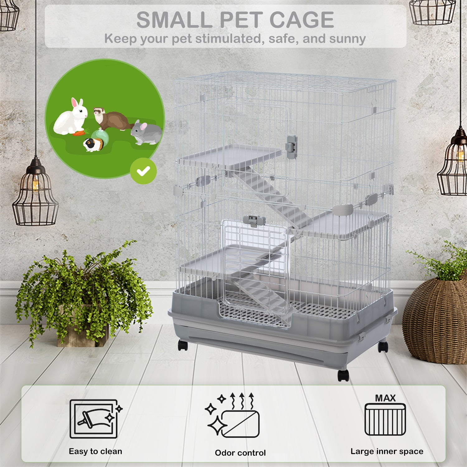 Pefilos 3-Tier Wire Cat Cage Playpen Kennel, 32" Collapsible Small Animal Metal Pet Cage with Lockable Casters Pull-out Tray for Rabbit Chinchilla Ferret Guinea Pig Squirrel Hedgehog, Gray Pefilos 3-Tier Wire Cat Cage Playpen Kennel, 32" Collapsible Small Animal Metal Pet Cage with Lockable Casters Pull-out Tray for Rabbit Chinchilla Ferret Guinea Pig Squirrel Hedgehog, Gray