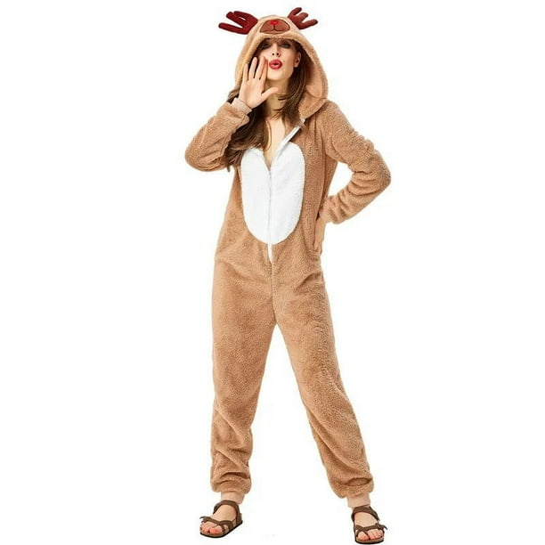 Pijamas de disfraz de reno de elfo de Navidad para mujer, adulto, con capucha, acogedor, ciervo, Cosplay, mono, mono de lana