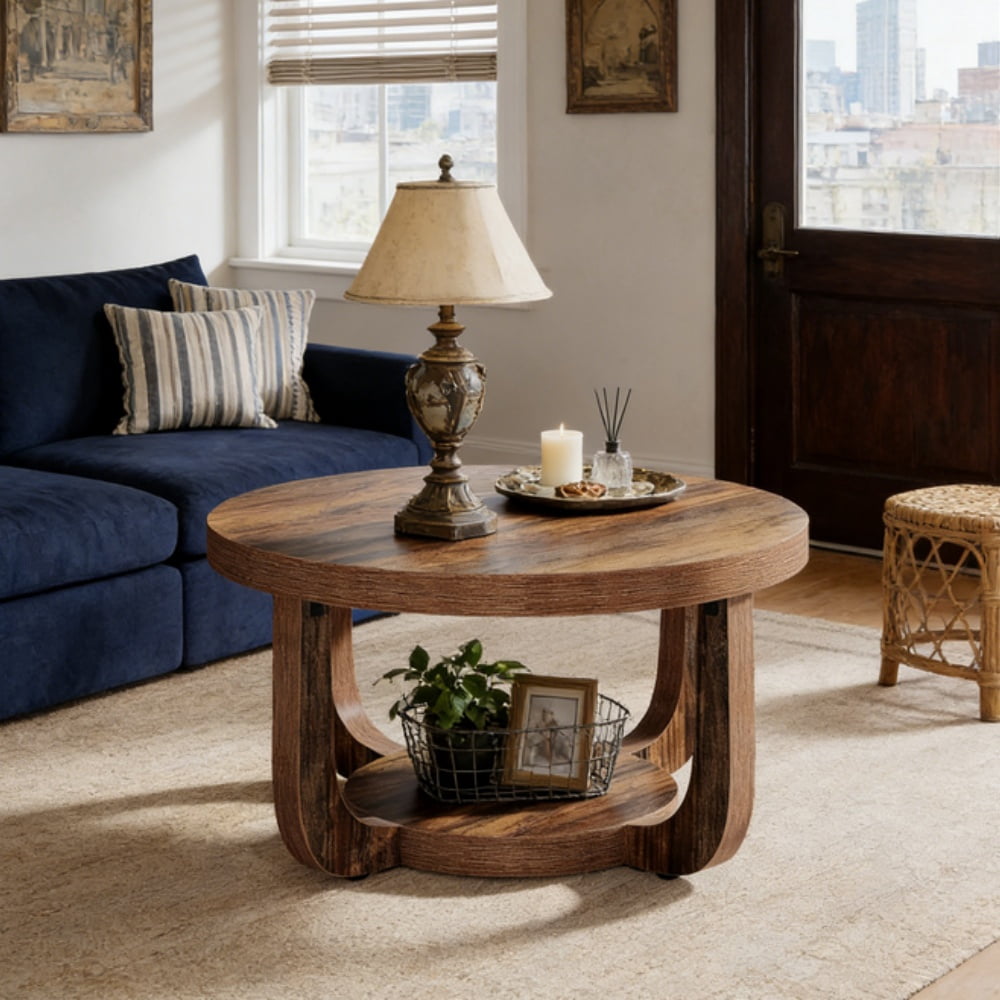 Coffee Table Round Rustic Brown 2 Tier Storage Modern Living Room Furniture