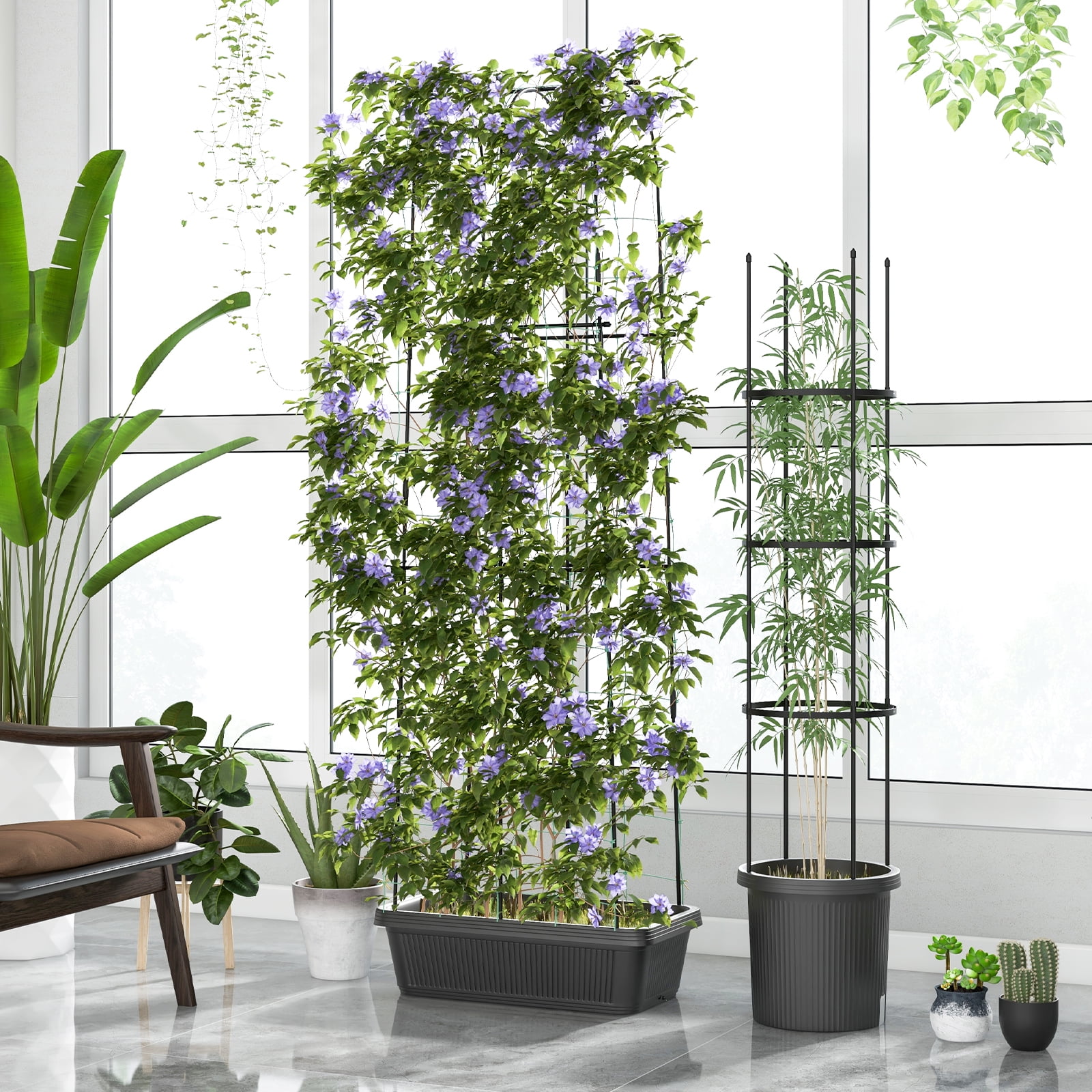Patiojoy 2-Pack Garden Trellis, 58.5�� Tomato Cage & 71�� Cucumber Trellis w/ Planter Box Self-Priming Irrigation