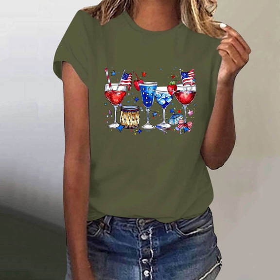 SOOMLON Red White and Blue Womens Oversized Tee Shirts Wine Glass Patriotic Shirts Crew Neck Usa Flag Tops Short Sleeve Beach T-Shirt Funny Tee Blouse Resort Wear
