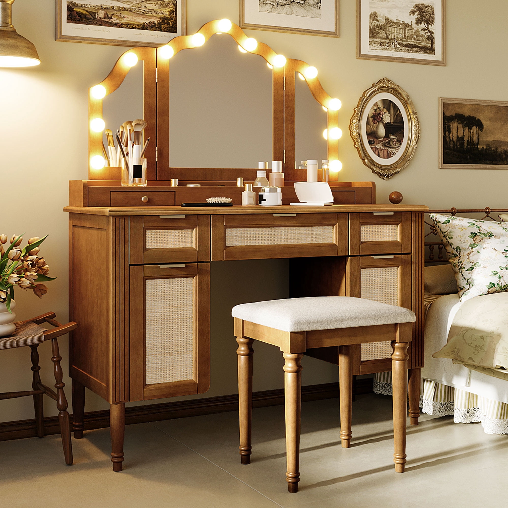 Aukfa Luxury Makeup Vanity Set with Tri-Fold Mirror & Lights, Large Vanity Desk with 5 Drawers, Tool and Built-In Outlets,Espresso