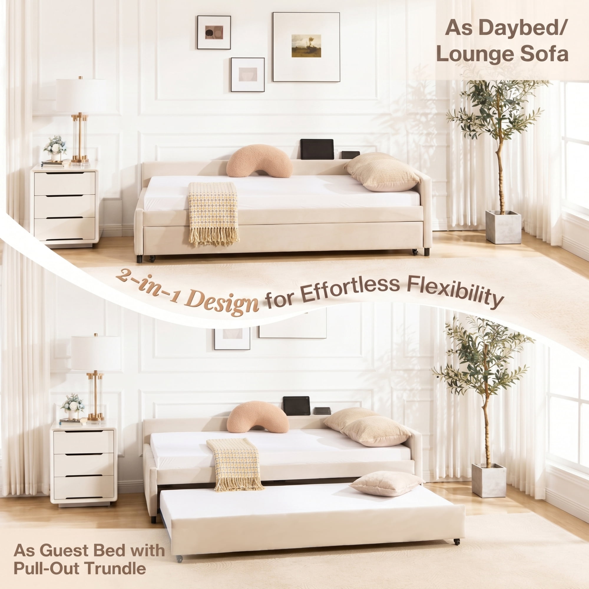Leumius Upholstered Daybed with Trundle,Sturdy Wooden Bed Frame, Modern Diamond Grid Design for Bedroom Guest Room (Beige)