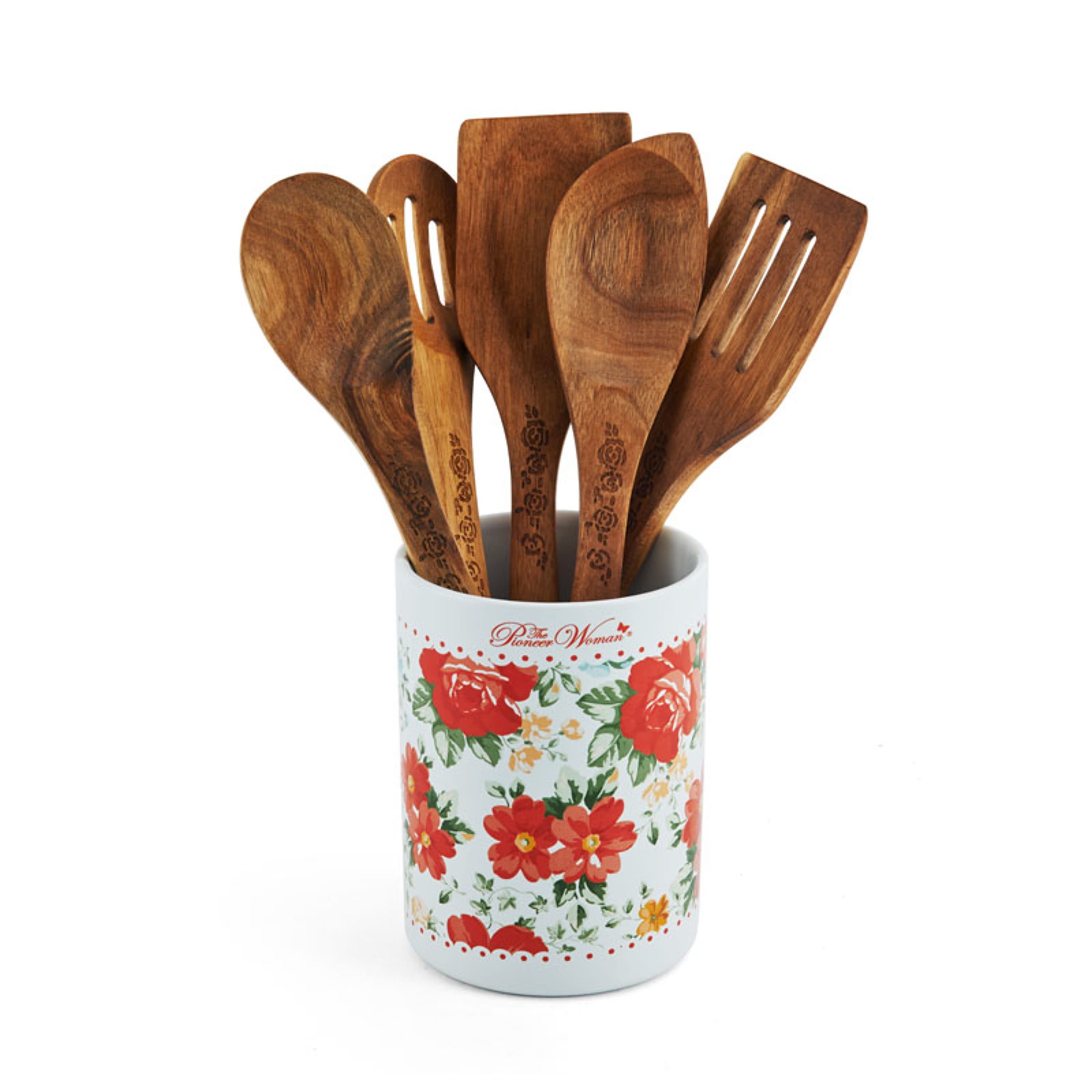 Details about   The Pioneer Woman 6-Piece Crock And Wooden Tool Set In Vintage Floral 