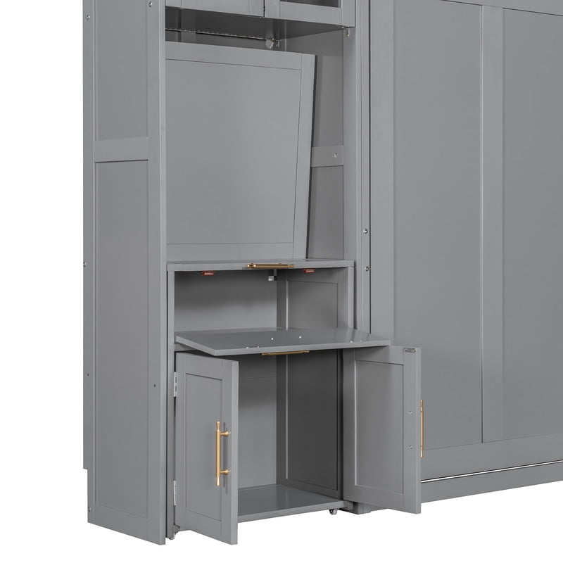 Full Size All-in-One Murphy Bed with Hidden Desk & Storage Cabinets, Foldable Platform Bed Frame with Power Outlet & LED Light