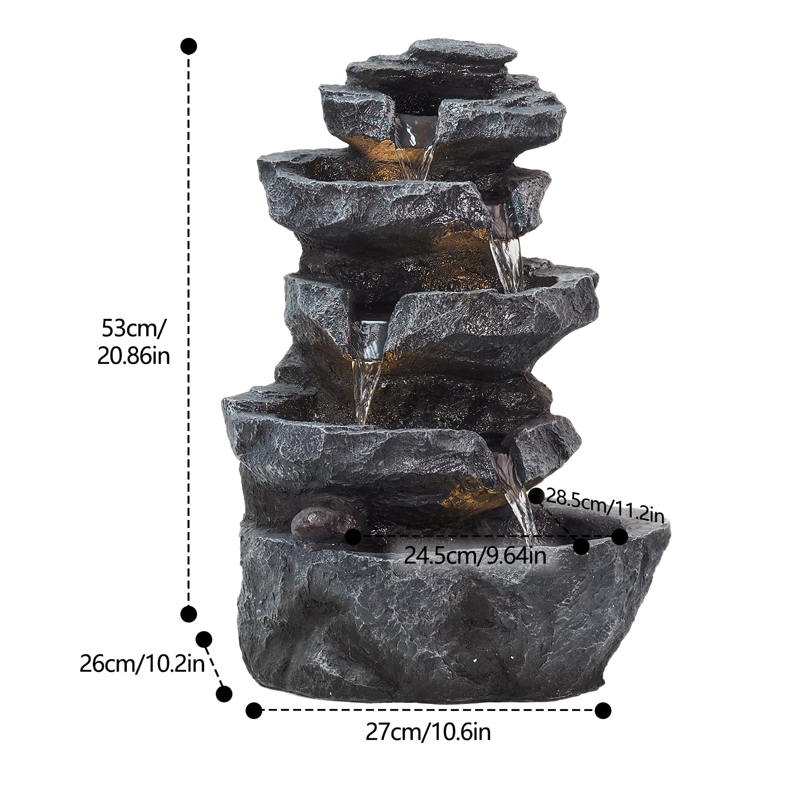 5-Tiered Cascading Rock, 22" High Outdoor Garden Waterfall with LED Lights And Pump, Resin Water Fountain for Garden, Patio, Yard, Deck Decor