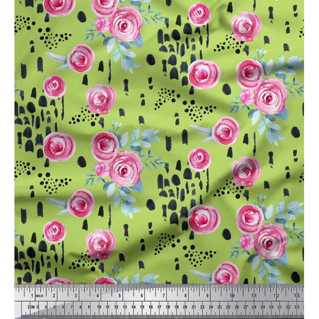 Soimoi Green Moss Georgette Fabric Brush Stroke & Ranunculus Floral Printed Craft Fabric by the Yard 44 Inch Wide