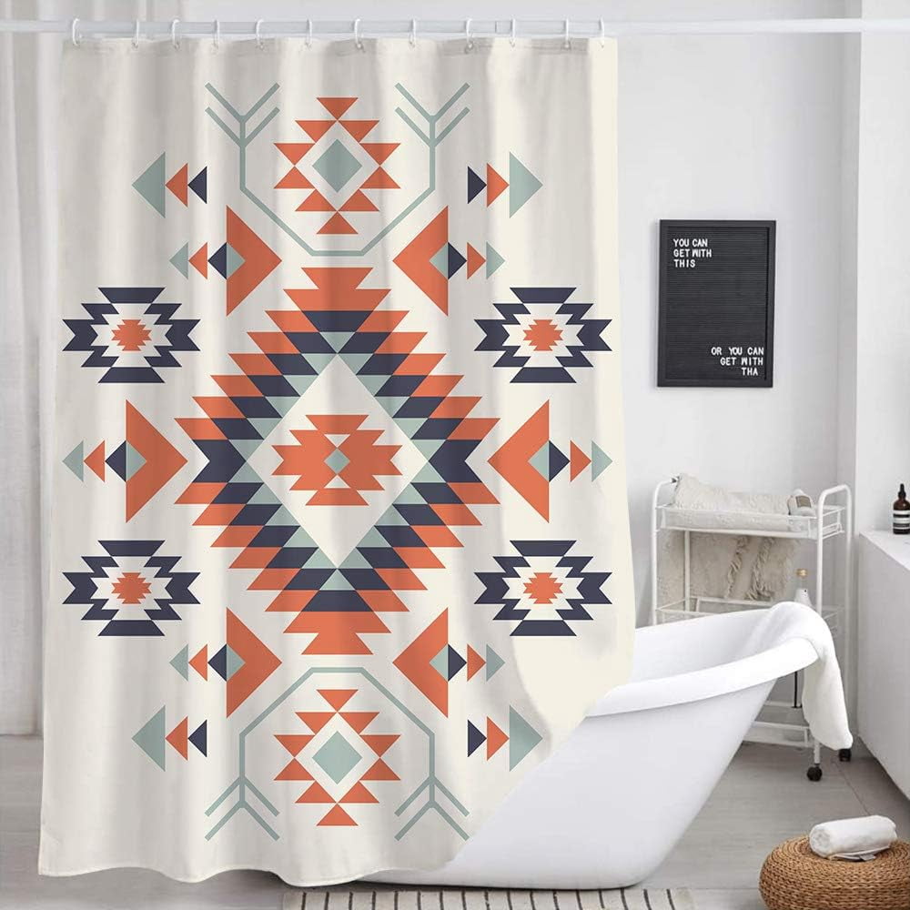 Southwestern Decor Shower Curtain for Bathroom, Southwest American Pattern Bohemian Fabric Shower Curtains Set, Western Aztec Geometric Restroom Accessories with Hooks 72X72Inches