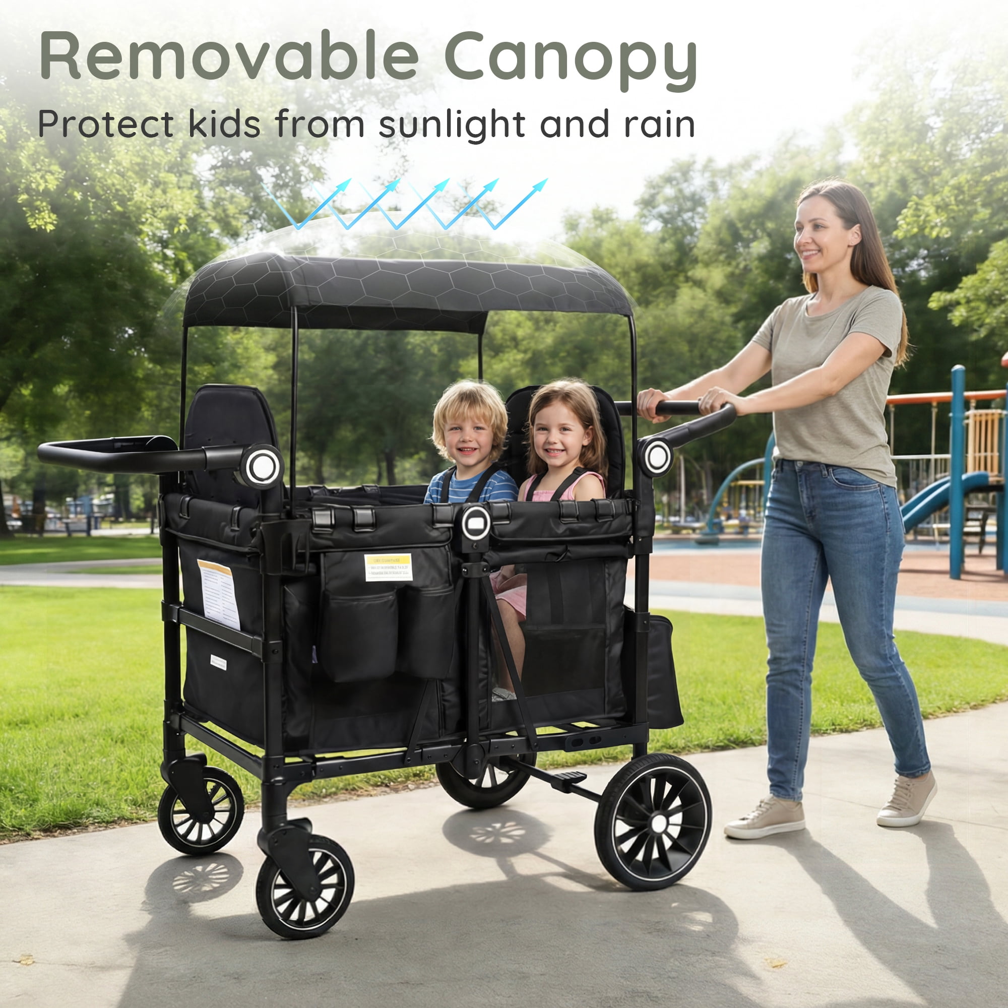 LINLUX Wagon Stroller for 4 Kids, Stroller Wagon 4 Seats w/Adjustable Handle, Detachable Tray, Black
