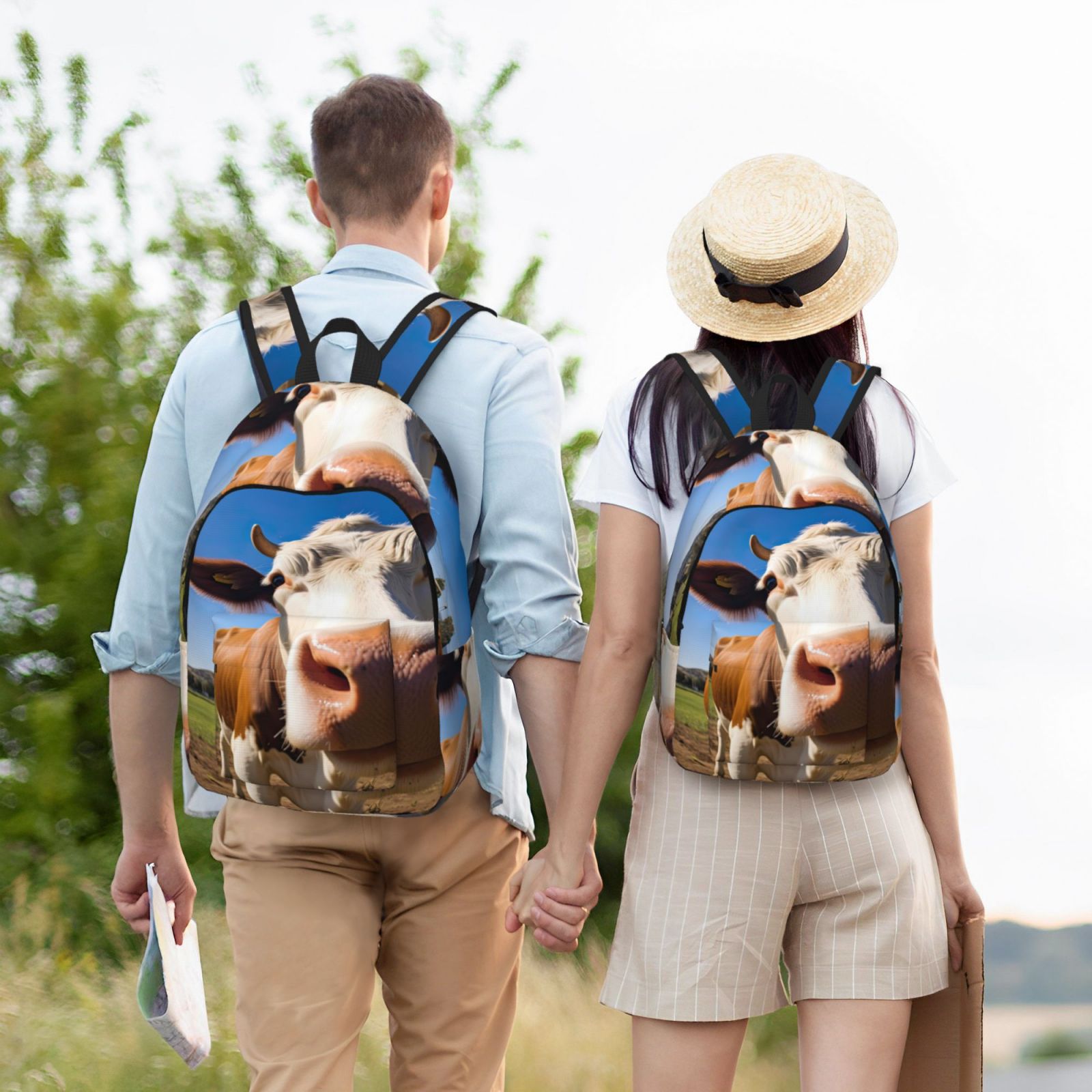 Vsdgher Blue Sky Meadow Cute Cow Print Canvas Backpack Travel Rucksack Unisex Knapsack 15.7/17.7Inch Laptop Backpack for Work,College -Medium