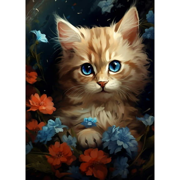 Cute Cat with Flowers DIY 5D Diamond Art Paint with Full Drill Round Diamond Gems Painting by Number Kits for Adults Art Craft Home Wall Decor 11.8x15.8inch