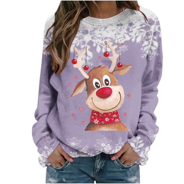 Sudaderas de Cuello Redondo de Navidad Para Mujer Moda Casual Manga Larga Estampado Tops Blusa Odeerbi ODB191271