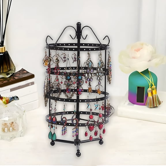 XIBUFE 4 Tier Earring Holder Organizer 360° Rotating Jewelry Display Stand Metal Necklace Holder for Home and Store Rotating Jewelry Organizer