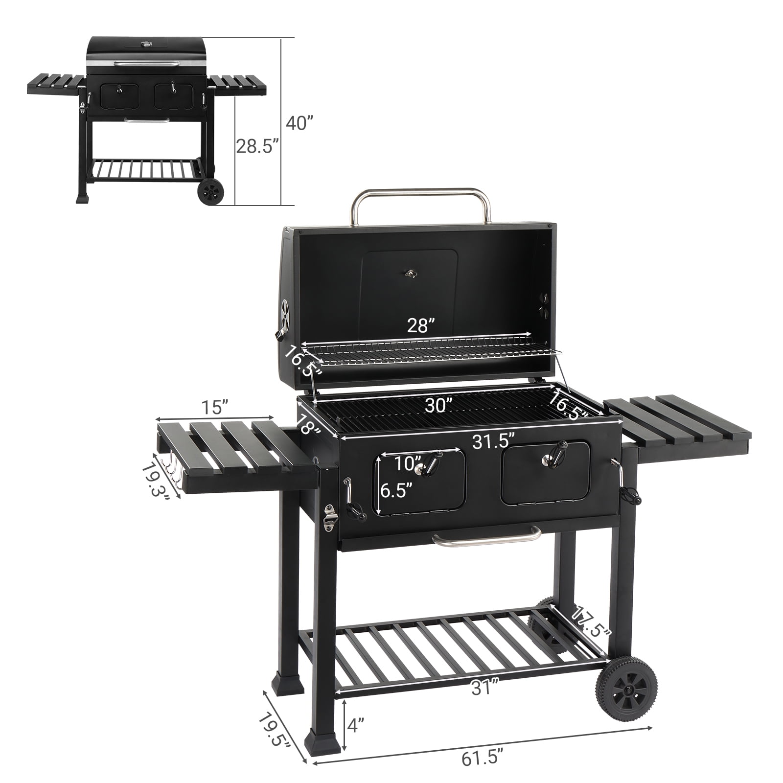 Funnil 31.5" Length Outdoor Heavy-duty BBQ Charcoal Grill with Lid, for Outdoor Cooking, BBQ, Camping, Portable Outdoor Barbecue Grill with Wheels, Side Table, Storage Shelf