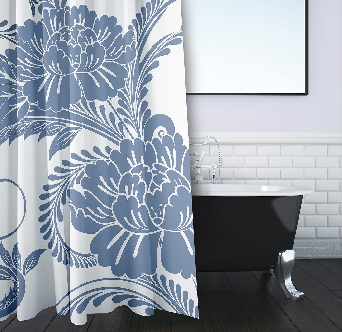 Simply Daisy 70" W x 73" L Flower Flourish Polyester Shower Curtain, Blue [1 Ct]