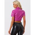 thumbnail image 4 of Unique Bargains Women's Pu Leather Short Sleeve Button Down Crop Top Shirt Blouse XS Hot Pink, 4 of 6