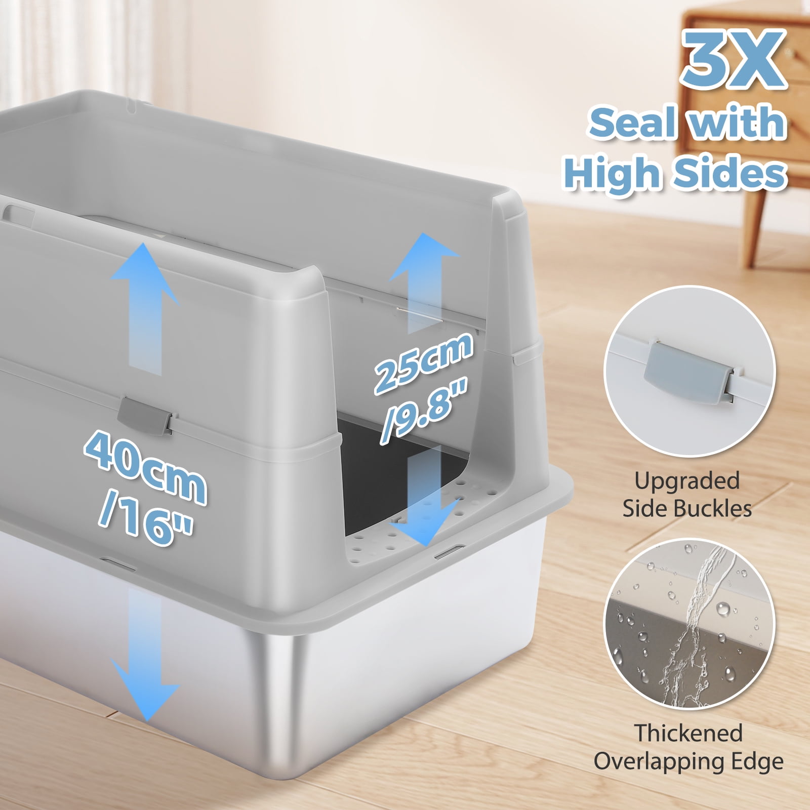 Pefilos 16" High Sides Stainless Steel Cat Litter Box, Anti-Leakage Enclosed Litter Box with Non-Sticky Metal Pan, Scoop, Front & Top Dual Entry for Big Cats, Gray