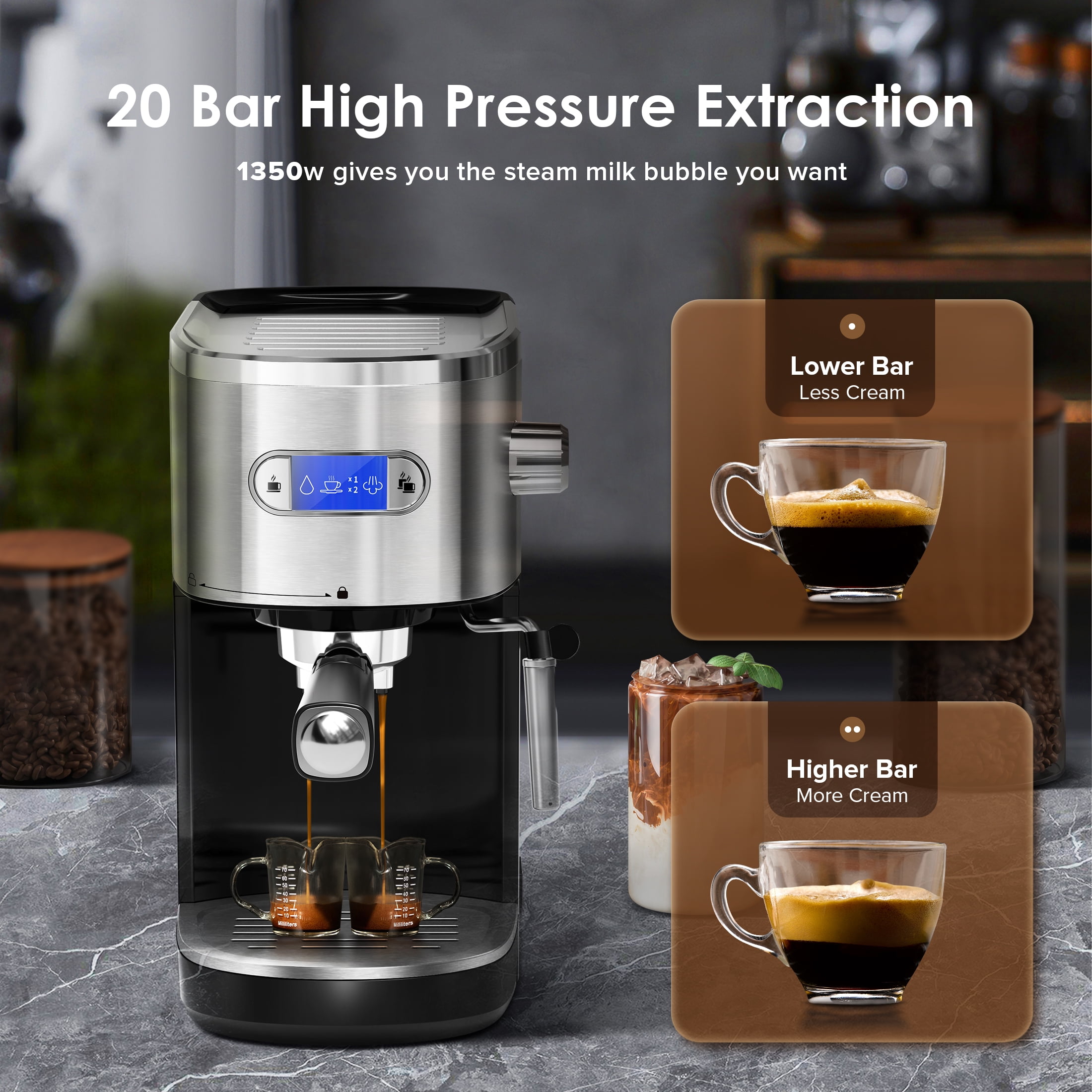 Auseo 20 Bar Espresso Coffee Maker, Drip Coffee Machine with 1-2 Cup, Espresso Machine with Milk Frother Steam Wand, 45 OZ Removable Water Tank for Home/Office/Cafe, Black