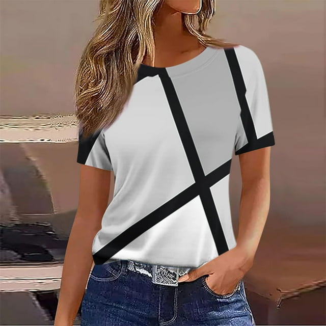 Qtocio Womens Fashion Tops,Casual Loose Style Short Sleeve Crewneck T Shirt with Abstract Print Summer Tee