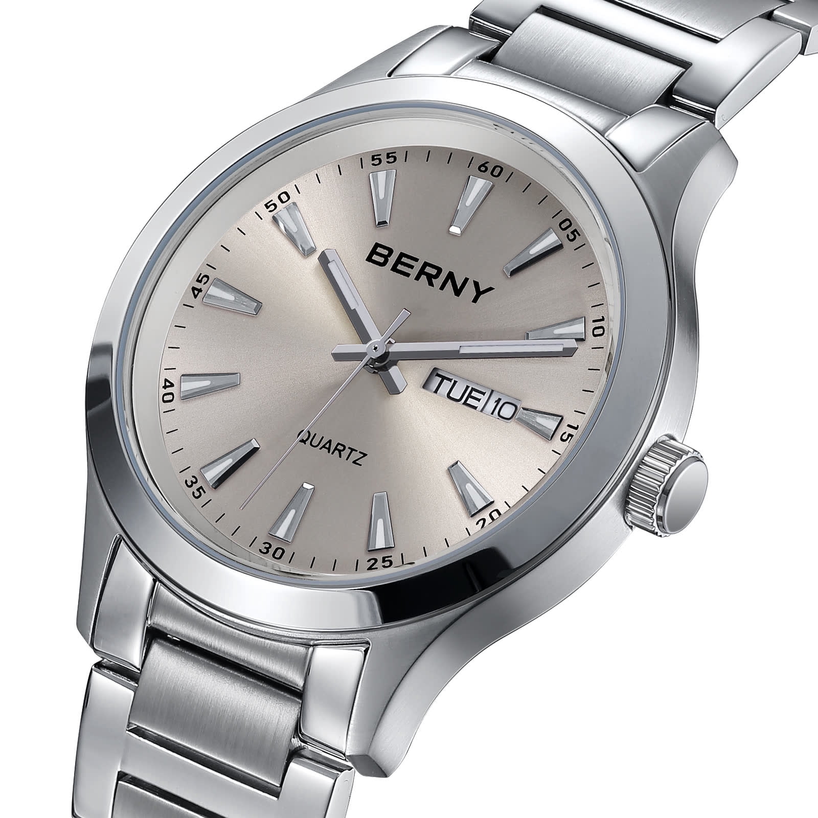 BERNY Quartz Watch for Men, Fashion Sports Wrist Watches with Solid Stainlesss Steel Case & Band, Date & Day Calendar, Casual Waterproof Men's Watches, Gray