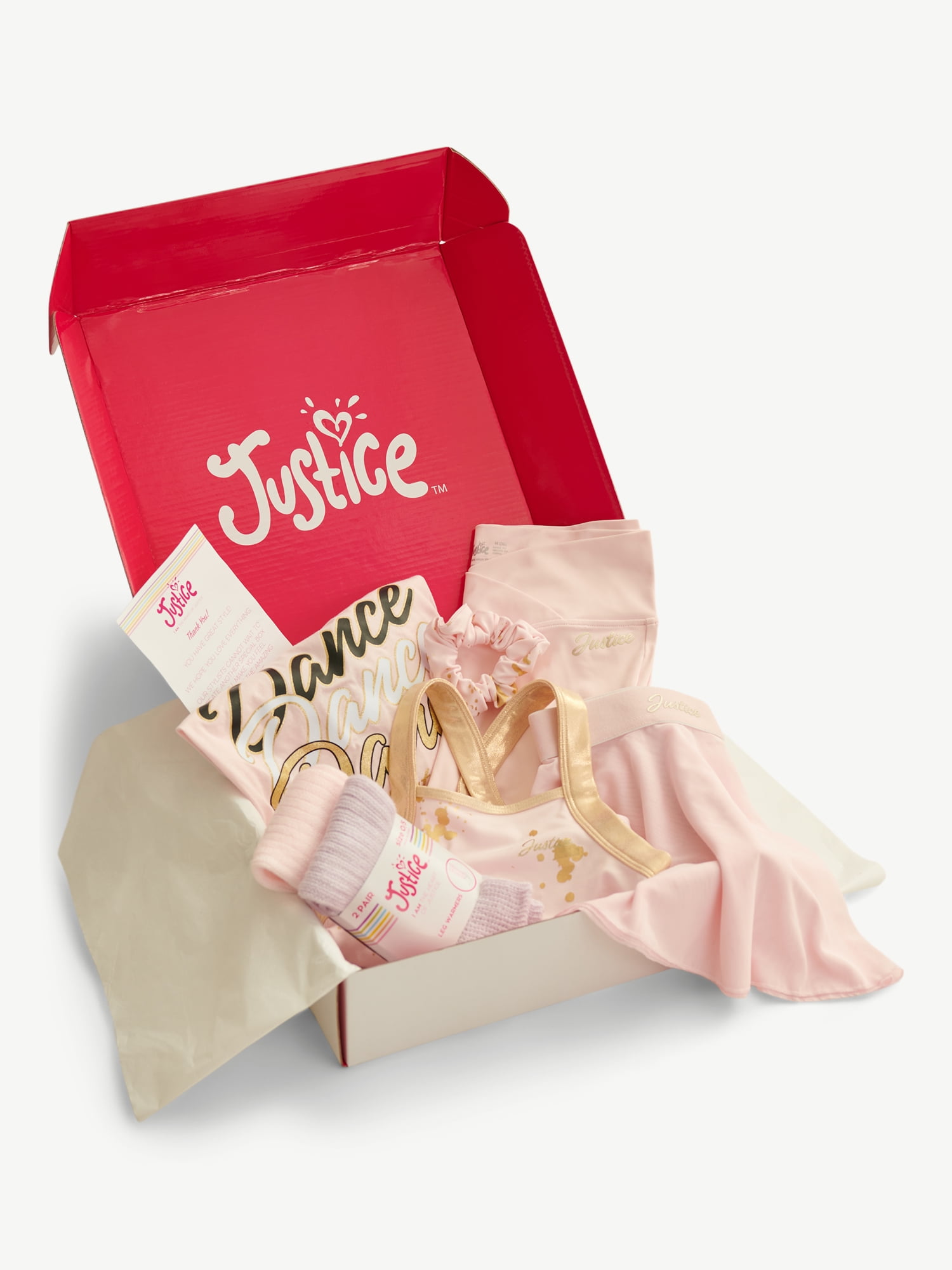 Justice Girls Gift Box 7 Piece Dance Set Biketard Dance Skirt and 2 Pack Leg Warmer, Sizes XS-XL