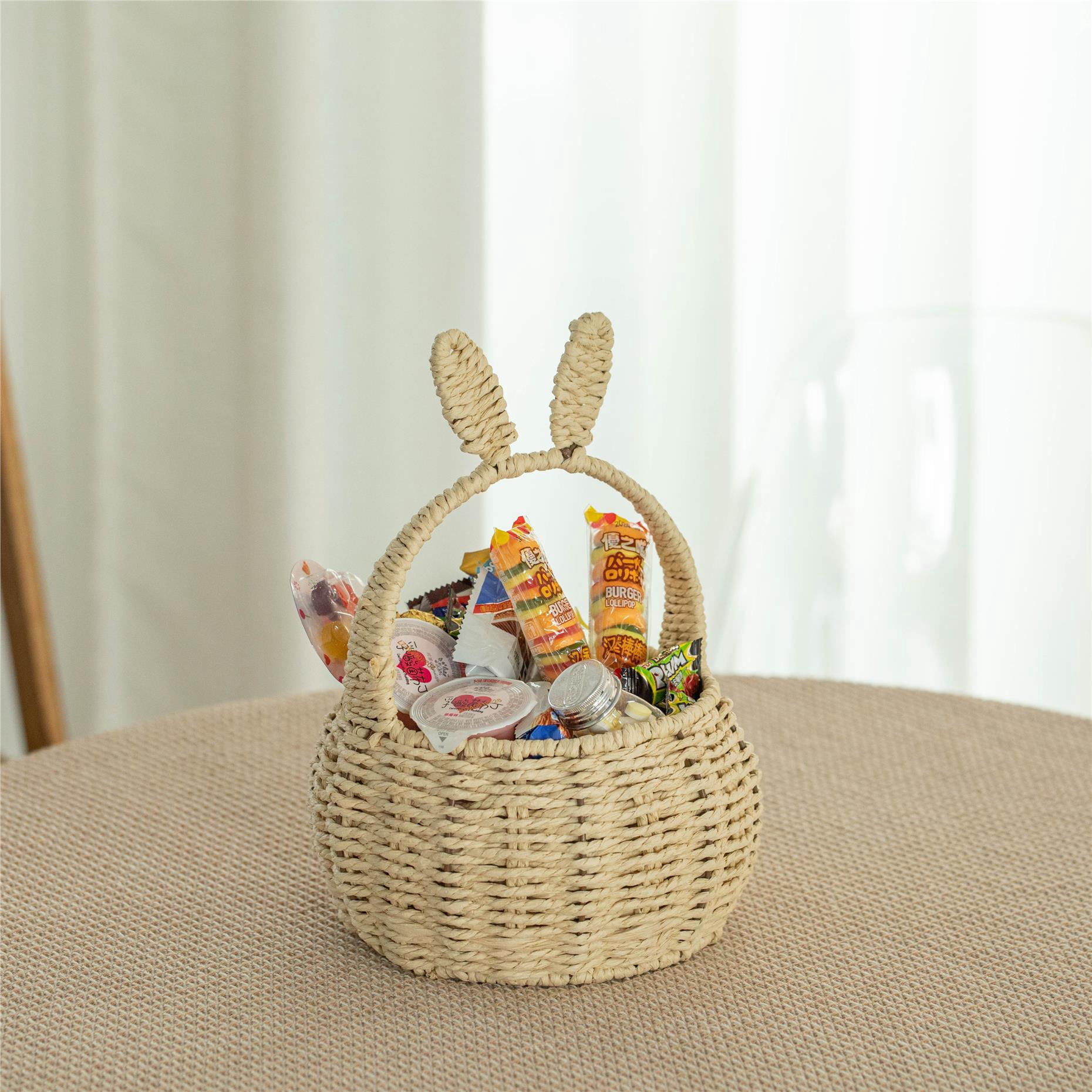 Wickerwise Hand-Woven Easter Bunny Ear Basket with Handle – Multi-Purpose Paper Rope Wicker Basket for Easter Egg Hunts, Picnics, Flower Arrangements, Food Storage, Party, and Home Decor, Nude