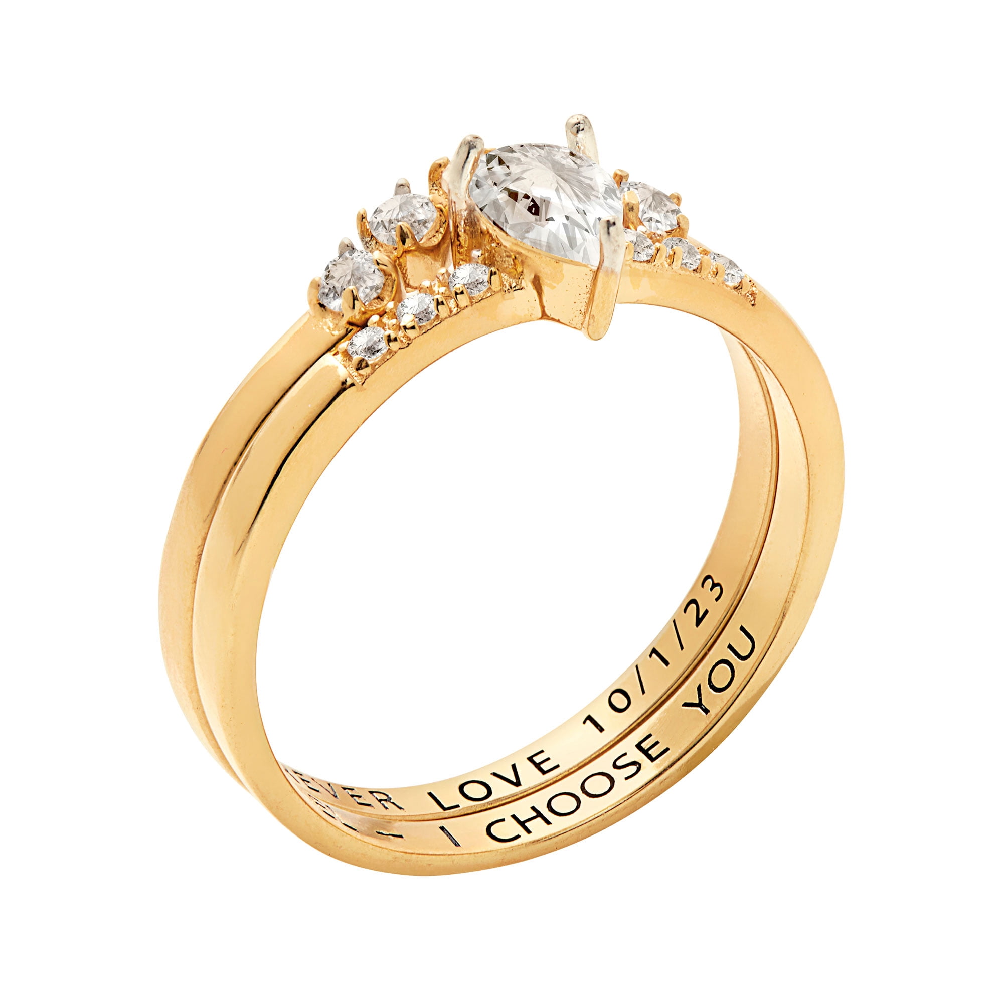 Vow & Forever Personalized Planet Bridal 14K Gold over Sterling Silver Pear White Topaz 2 Piece Engraved Wedding Set ,Women's