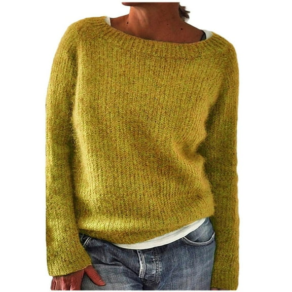 UJNDER Women's Knitted Sweater Long Sleeve Boat Neck Retro Lightweight Pullover Top for Casual Fall Winter Yellow XL