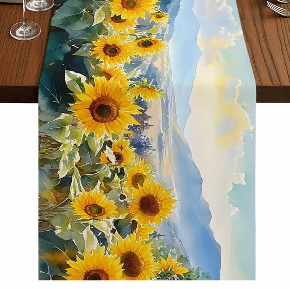 Sunflower Mountain 36 Inch Table Runner, Summer Watercolor Botanical Farmhouse Dresser Scarf Cotton & Linen Tablerunner for Dining/Kitchen Island/Holiday Party Décor Small 13" x 36"