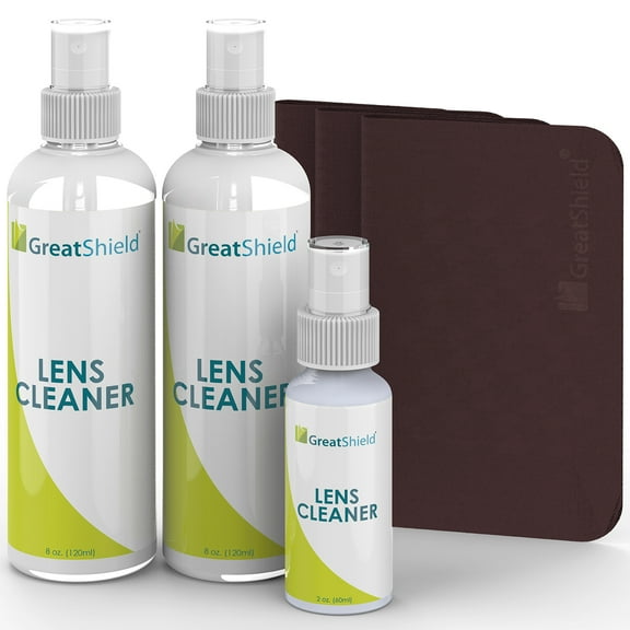 GreatShield Lens Cleaner Spray Kit, 2X 8oz   2oz Cleaning Solution   3X Microfiber Cloths, Streaks and Alcohol Free, Removes Fingerprints, Dust, Oil, for Eyeglasses, Cameras and Safe for All Lenses