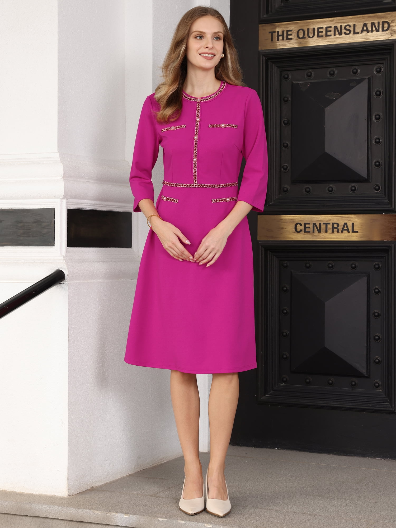 DARING DIVA Women's A-Line Contrast Color Elegant Tweed Trim Crew Neck Dress L Hot Pink