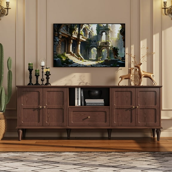 CBJCBJ 67"Mid-Century Modern TV Stand for TVs up to 75" ,Media Console With Storage and Adjustable Partition , Brown