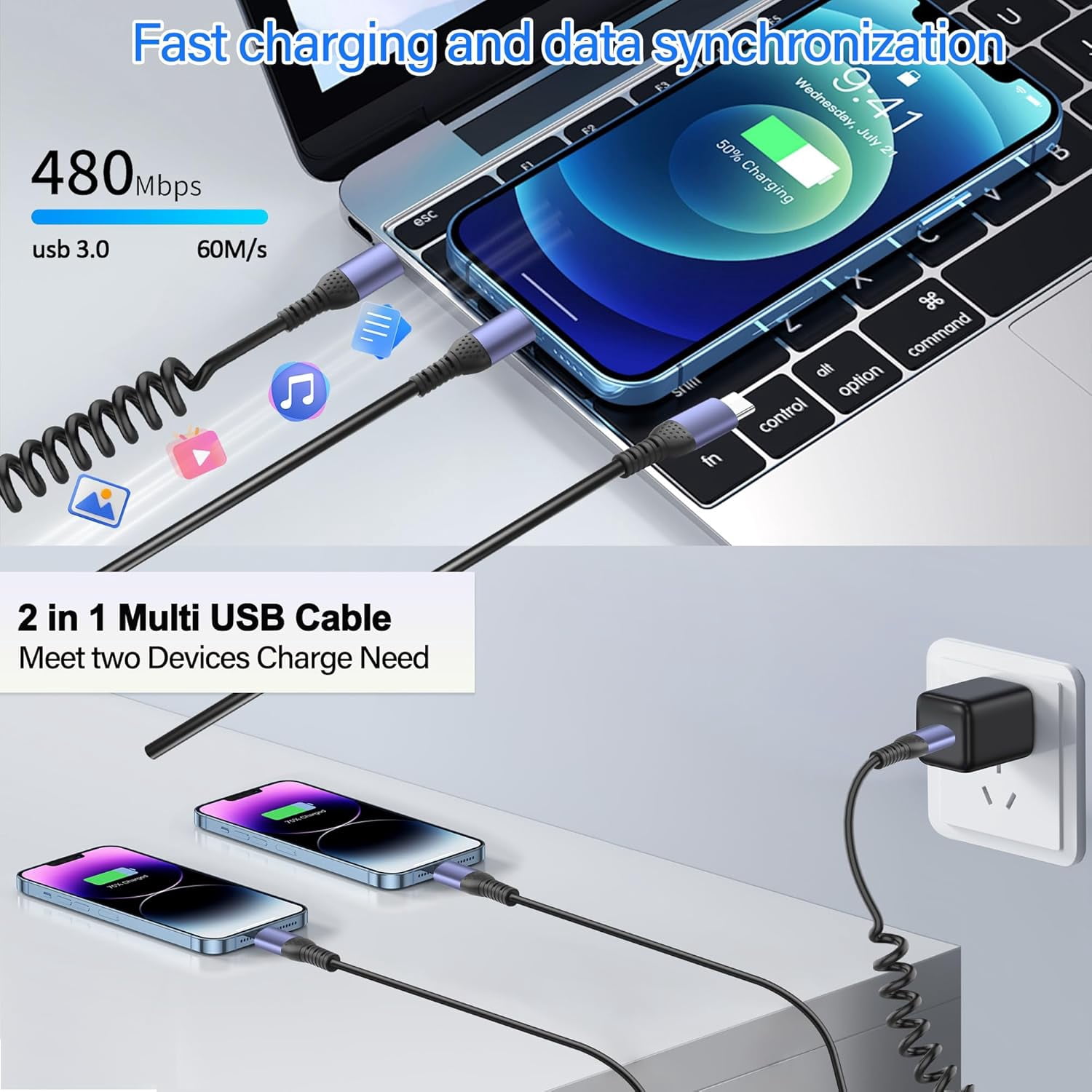 HRTGFD-Coiled Multi USB C Charging Cable Type C Splitter Spring Cable 4A Fast Charging Cord with 2 Type-C Male Port Compatible with Cell Phones Tablets,Retractable USB C Cable for Car 6FT
