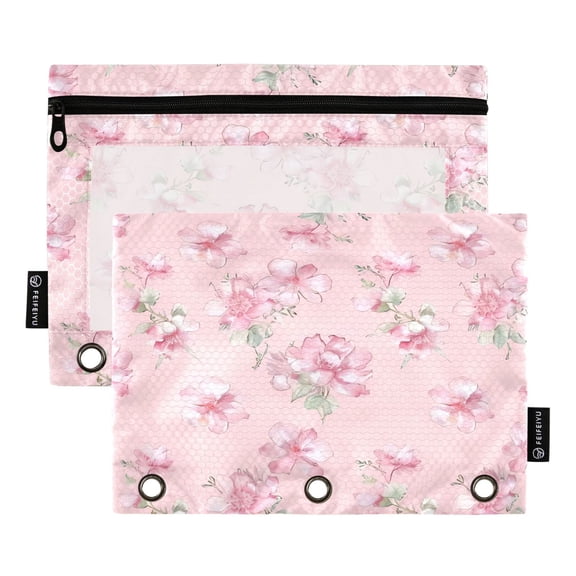 2 Pack Pencil Bag 9.84x6.1 Inch 3-Ring Page Turning Folder Zipper Pencil Case Pencil Bag Page Turning File BagPink Flowers Seamless