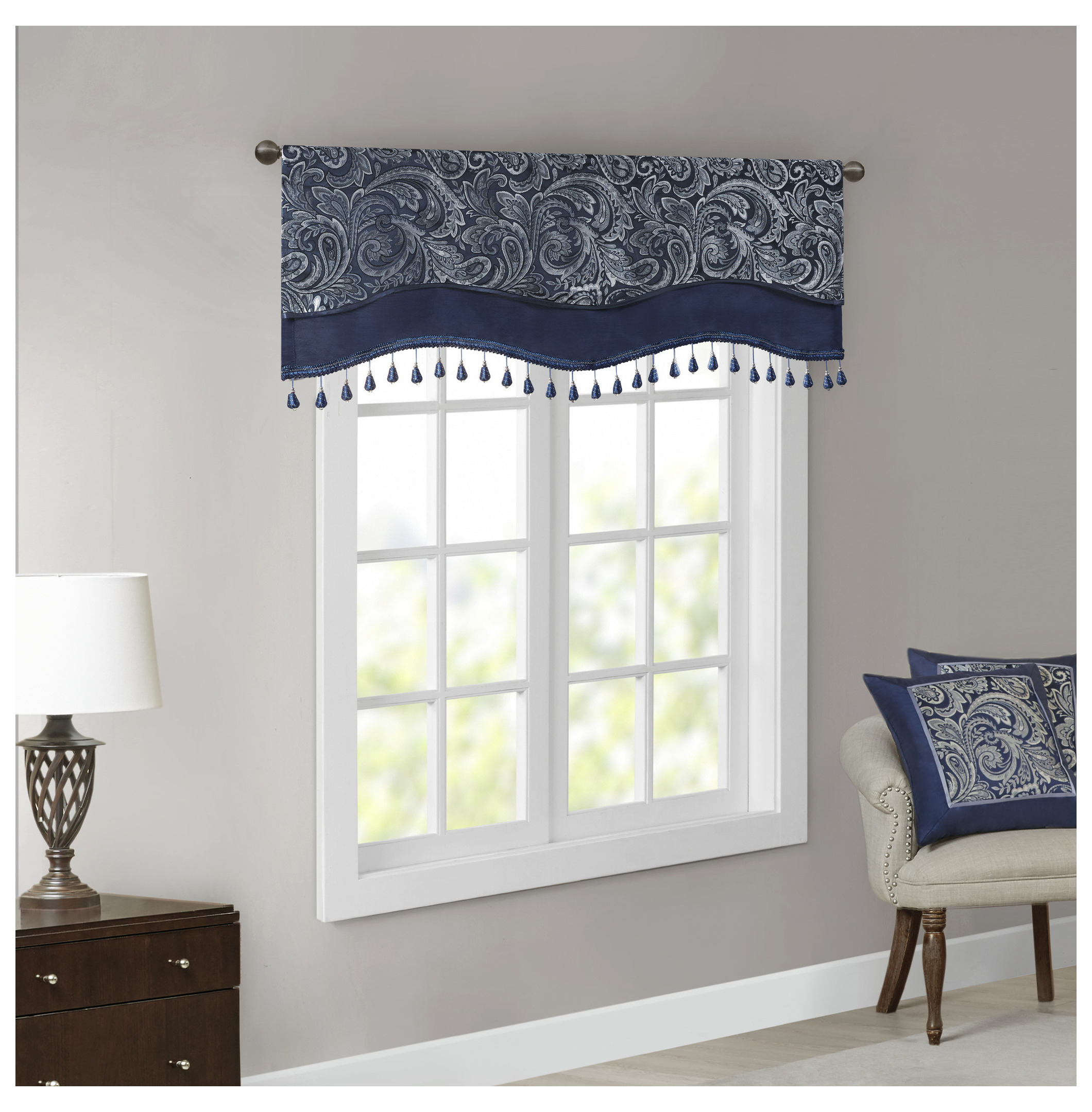 Jacquard Window Rod Pocket Valance With Beads Navy 50x18" Navy + Polyester