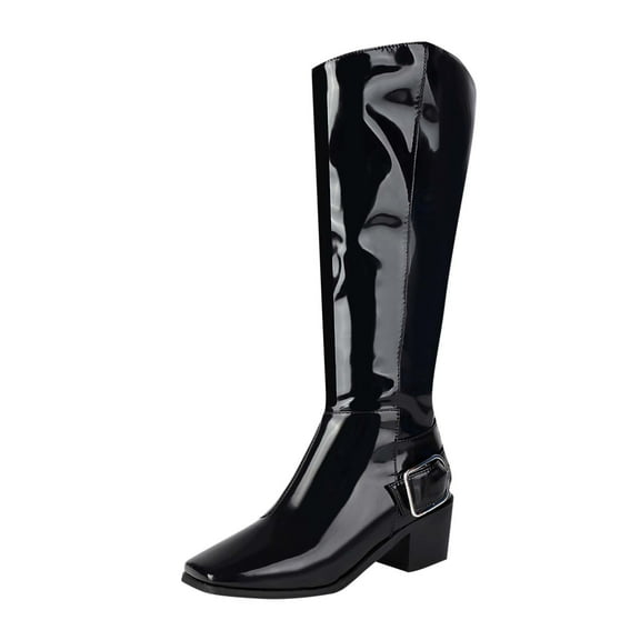 Xfvqtps Womens Chunky Heel Knee High Boots Patent Leather Fashion Winter Comfort Booties with Square Toe Buckle Detail Stylish Glossy Boots for Women Black