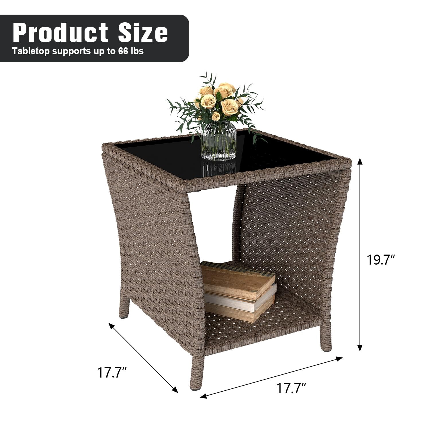 Kinsuite PE Rattan Patio Side Table - Outdoor Wicker End Table with Black Glass Top, Rattan Coffe Table in Iron Frame for Backyard Balcony Poolside, Dark Brown