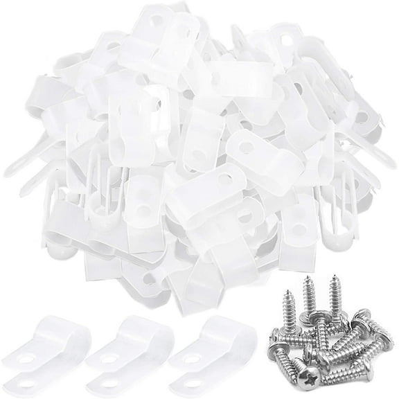 120 Pieces 1/4 inch White Nylon Cable Clamps with Stainless Steel Screws, R-Type Mounting Cord Fastener Wire Clamps for Wire Pipe Management