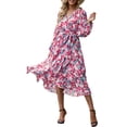 thumbnail image 1 of Vestido floral bohemio PRETTYGARDEN para mujer, cruzado con cuello en V, manga larga, talla M, 1 of 7