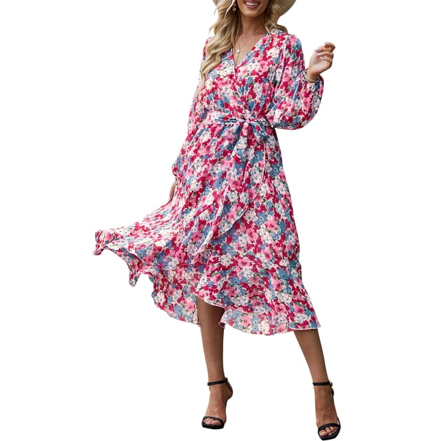 Vestido PRETTYGARDEN Floral Rosa Manga Larga Cruzado Maxi L