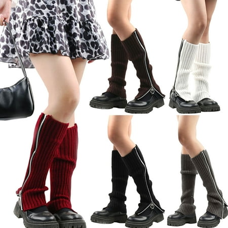 

1 Pair Solid Color Thickened Warm Leg Warmers Side Zipper Up Ribbed Student Boot Socks for Daily Life