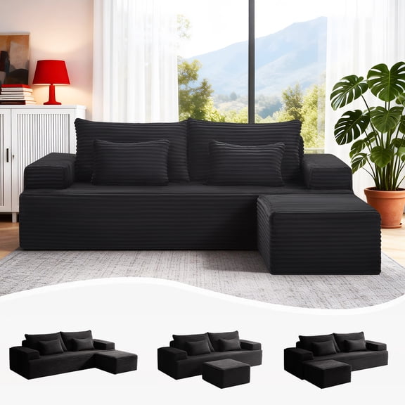 Modular Sectional Cloud Couch with Movable Ottoman Chaise Longue, L Shaped Sectional Couches for Living Room, Corduroy Deep Seat Boneless Sofa, No Assembly Required, Black