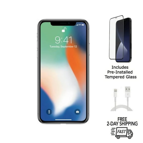 Restored Apple iPhone X (Unlocked) 256GB Silver (A1865) Bundle with Pre-Installed Tempered Glass (Refurbished)