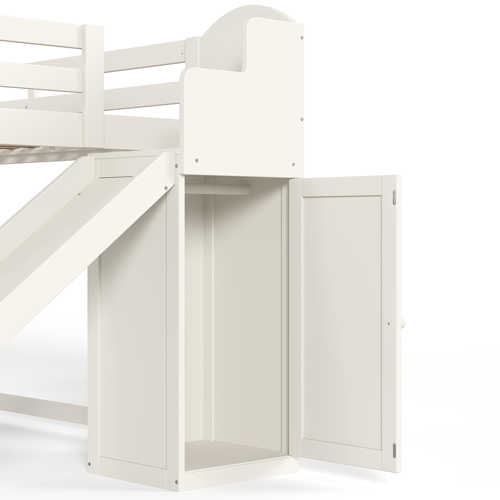 Leumius Full Size Loft Bed with Storage Stairs, Slide & Built-in Wardrobe,Soild Wood Loft Bed Frame with High Guardrail,Beige