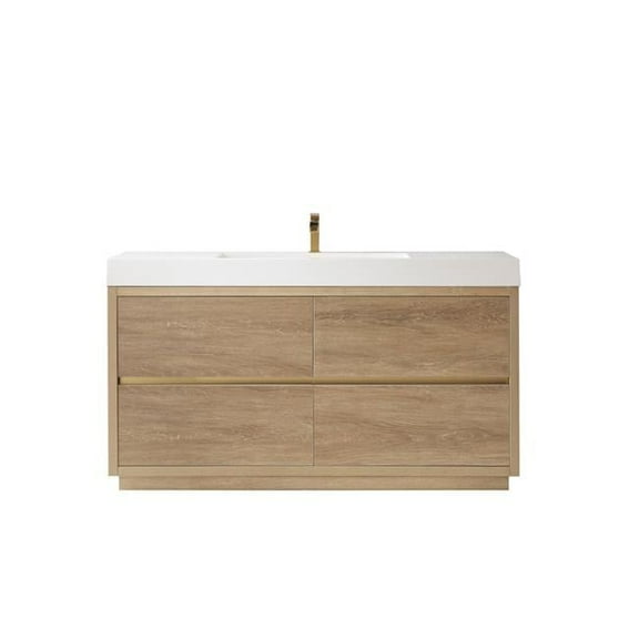 60 in. Huesca Single Sink Bathroom Vanity, North American Oak with White Composite Integral Square Sink Top