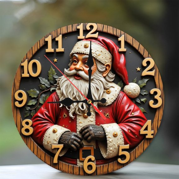 Vintage Christmas Santa Wall Clock Decorative 10-Inch Silent Wooden Wall Clock, Battery Operated (AA Batteries Not Included), Artistic Home Decor